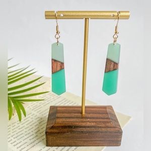 Geometric Drop Earrings wood and turquoise color